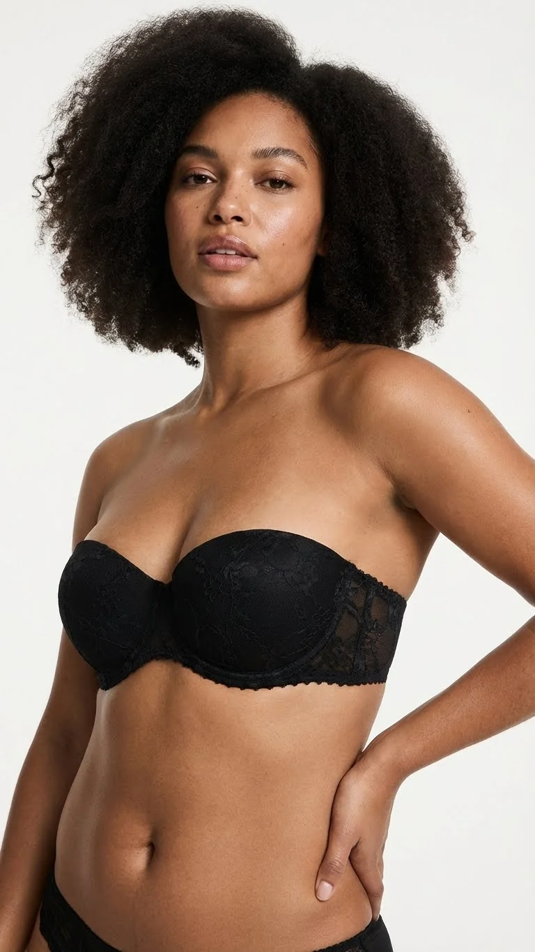 LunaIntim Siyah Rengi Dantel Kaplı Straplez Tenle Bütünleşen Sütyen - Ön Görünüm